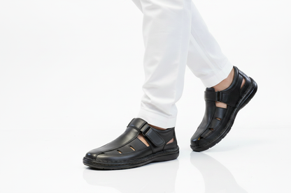 Black Leather Closed-Toe Sandal — Lifestyle