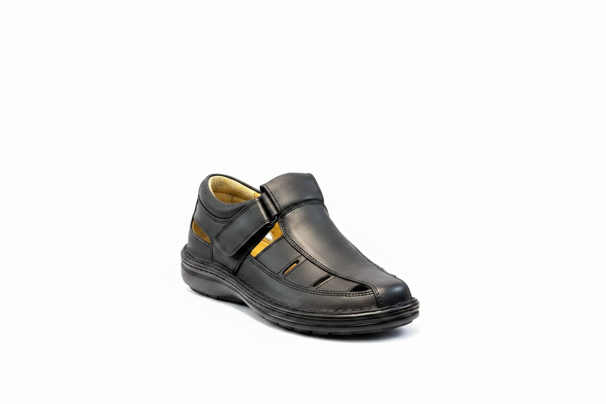 Black Leather Closed-Toe Sandal
