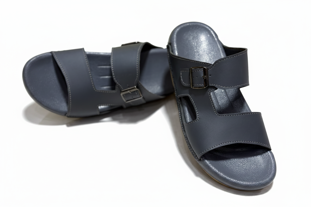Grey Double-Strap Buckle Sandals - White Background